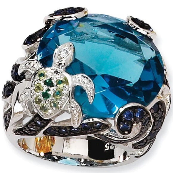 Sterling Silver Blue Topaz Cubic Zirconia Turtle Ring by Cheryl M size 6